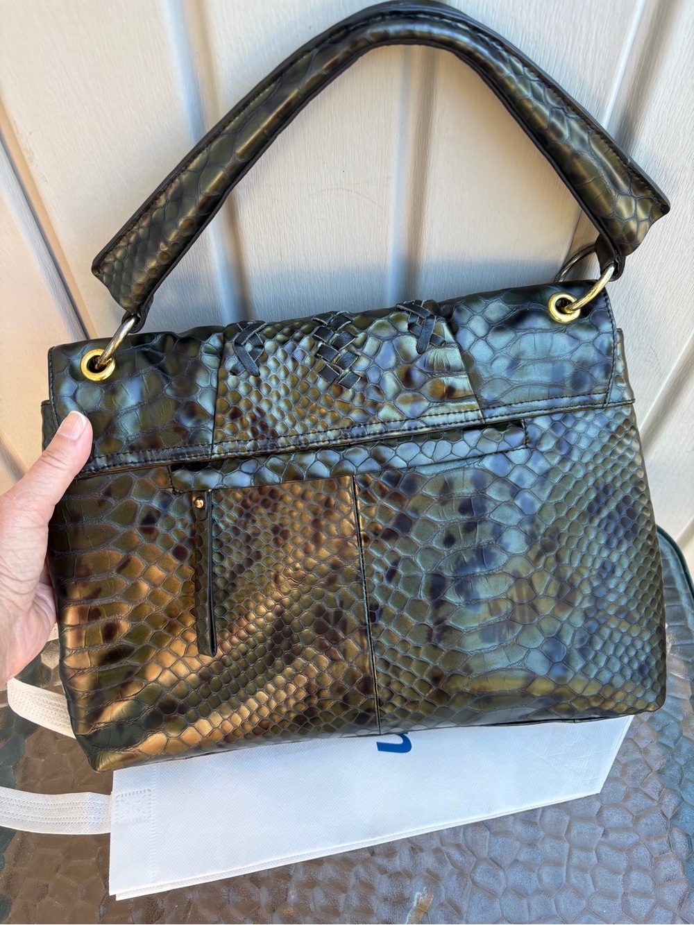Sharif Black Embossed Snake-Texture Shoulder Bag with Gold Plaque - Picture 6 of 11